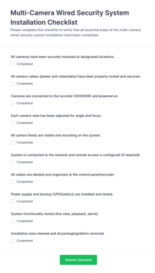 Multi Camera Wired Security System Installation Checklist Form Template