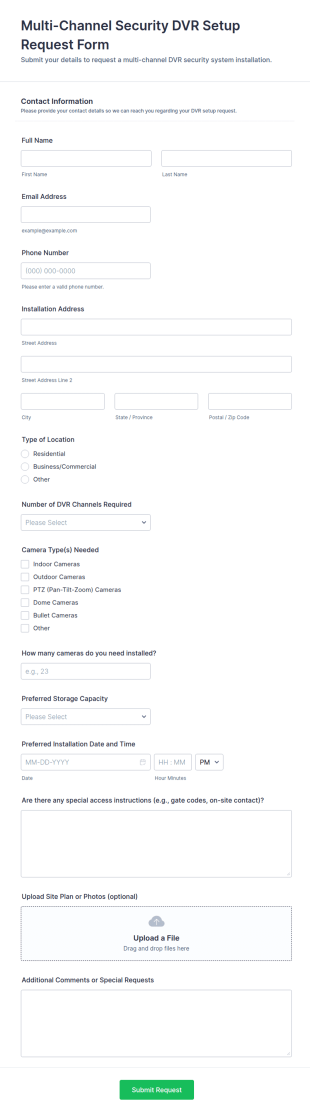 Multi Channel Security DVR Setup Request Form Template