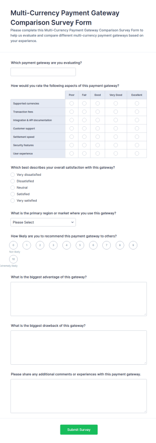 Multi Currency Payment Gateway Comparison Survey Form Template