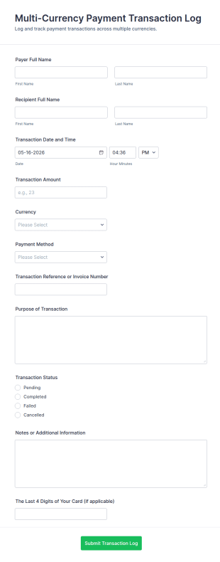 Multi Currency Payment Transaction Log Form Template