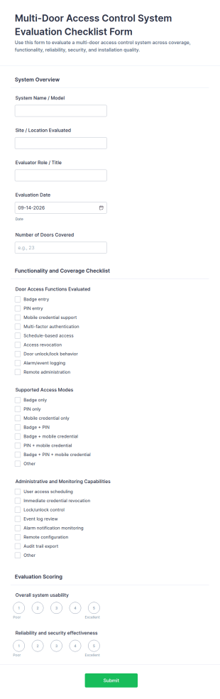 Multi Door Access Control System Evaluation Checklist Form Template