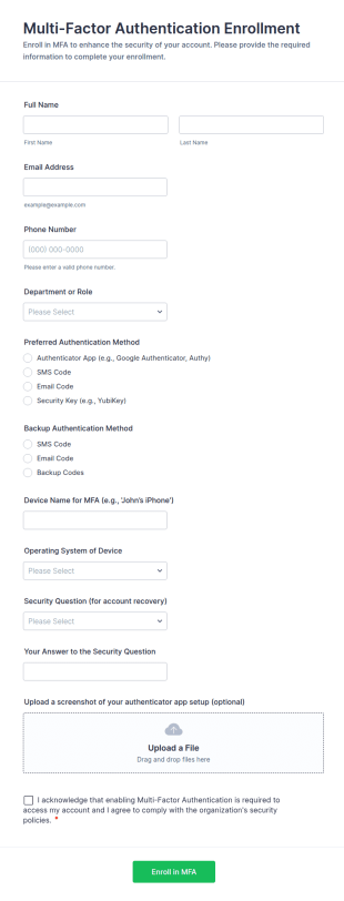 Multi Factor Authentication Enrollment Form Template