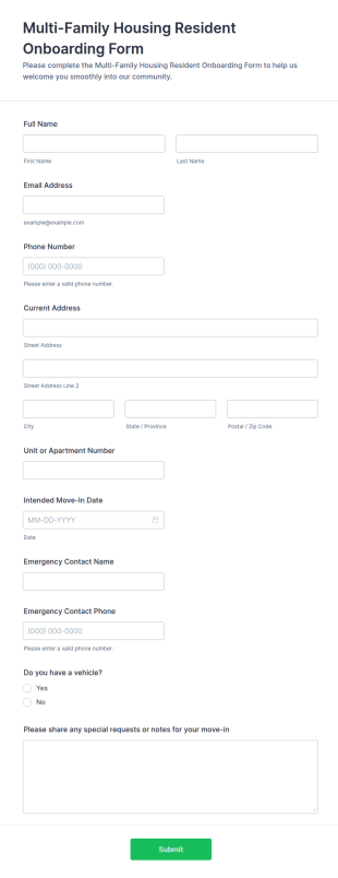 Multi Family Housing Resident Onboarding Form Template