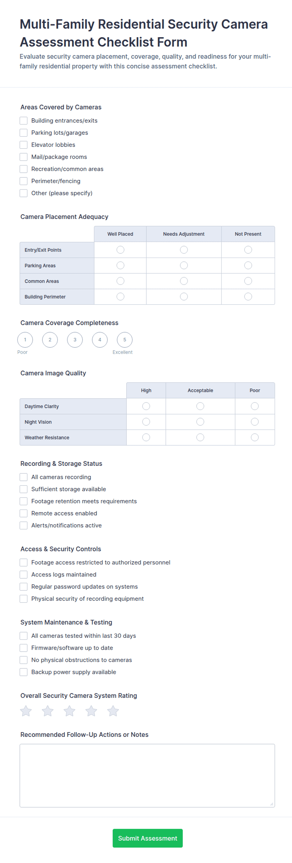 Multi-Family Residential Security Camera Assessment Checklist Form ...