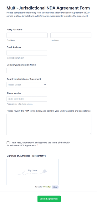 Multi Jurisdictional NDA Agreement Form Template
