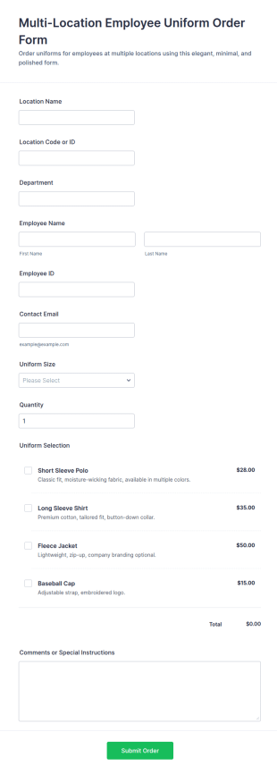 Multi Location Employee Uniform Order Form Template