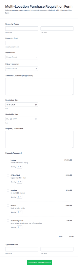 Multi Location Purchase Requisition Form Template