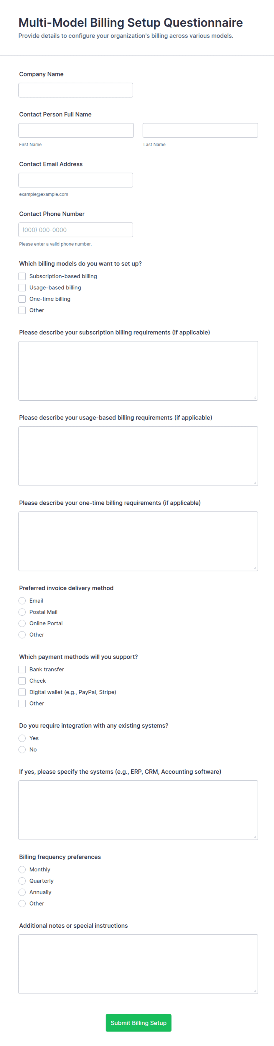 Multi-Model Billing Setup Questionnaire Form Template | Jotform