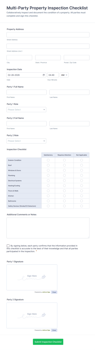 Multi Party Property Inspection Checklist Form Template