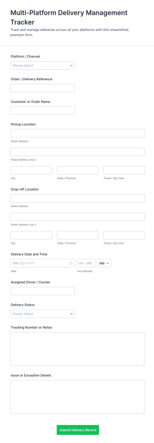 Multi Platform Delivery Management Tracker Form Template
