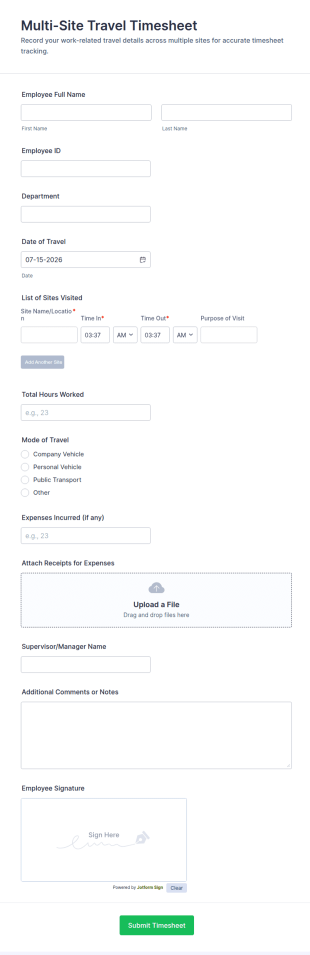 Multi Site Travel Timesheet Form Template