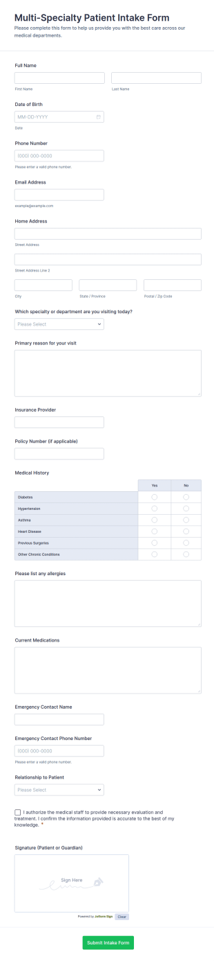 Multi Specialty Patient Intake Form Template