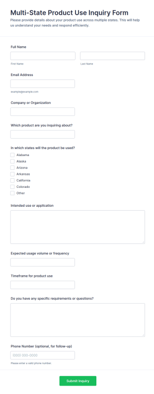 Multi State Product Use Inquiry Form Template