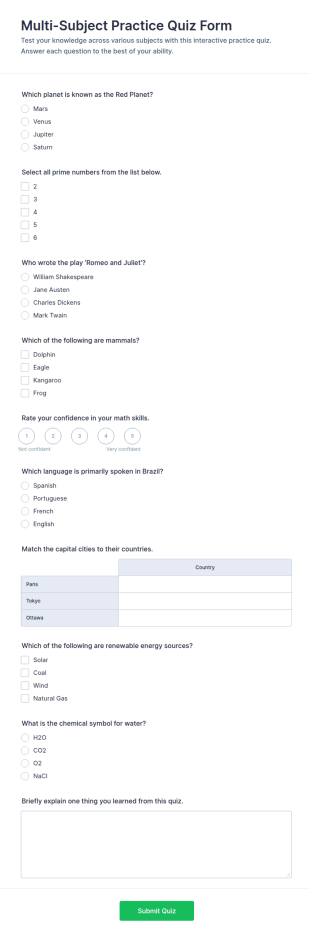 Multi Subject Practice Quiz Form Template