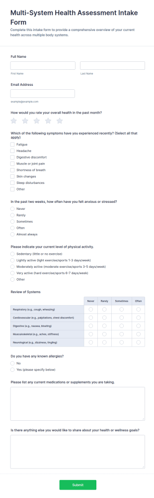 Multi System Health Assessment Intake Form Template