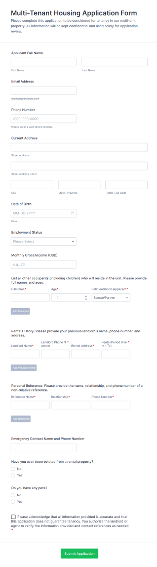 Multi Tenant Housing Application Form Template