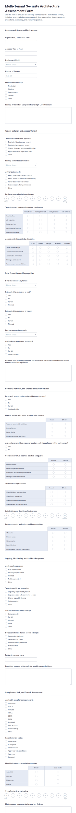 Multi Tenant Security Architecture Assessment Form Template