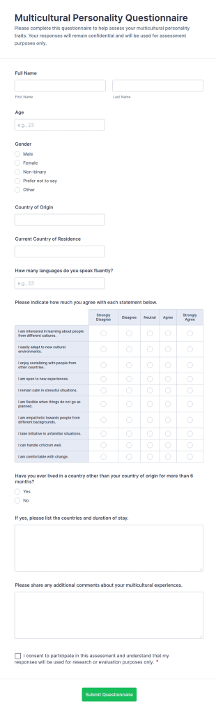 Multicultural Personality Questionnaire Form Template