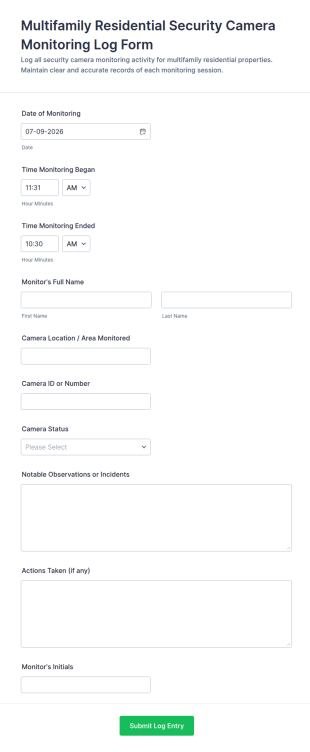 Multifamily Residential Security Camera Monitoring Log Form Template