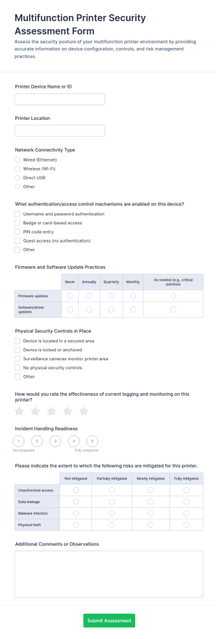 Multifunction Printer Security Assessment Form Template