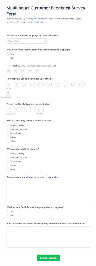 Multilingual Customer Feedback Survey Form Template