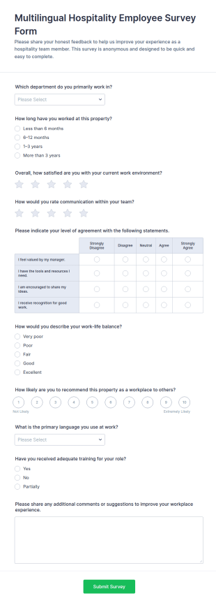 Multilingual Hospitality Employee Survey Form Template