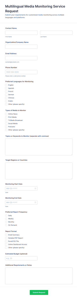 Multilingual Media Monitoring Service Request Form Template