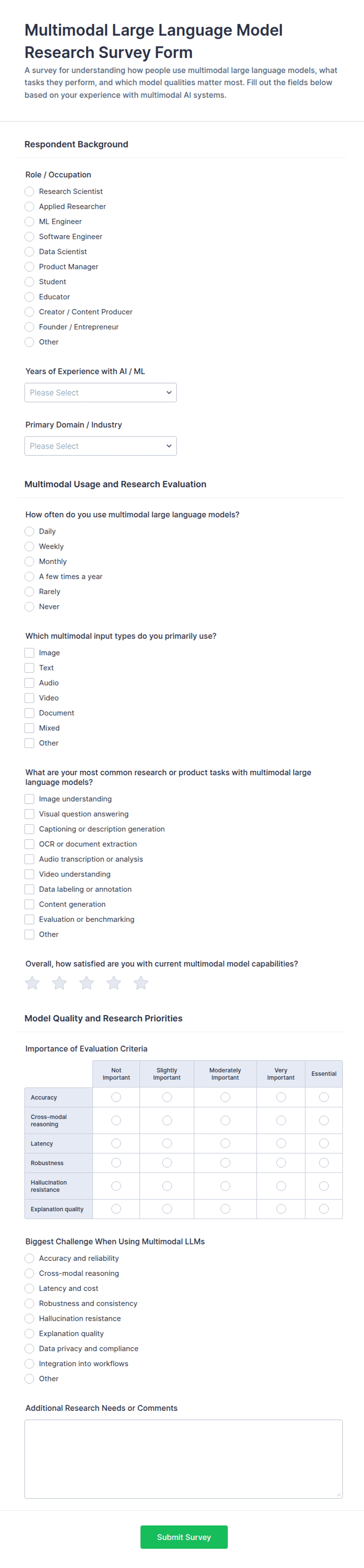 Multimodal Large Language Model Research Survey Form Template | Jotform