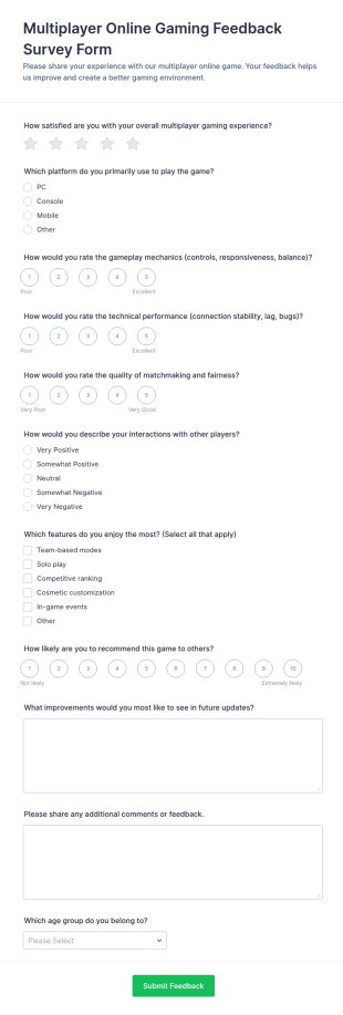 Multiplayer Online Gaming Feedback Survey Form Template
