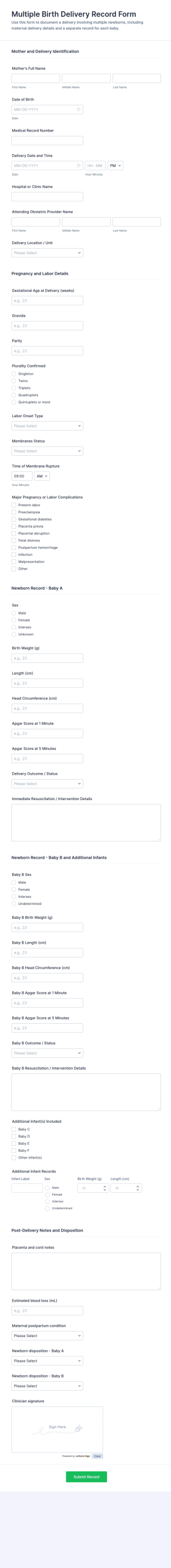 Multiple Birth Delivery Record Form Template
