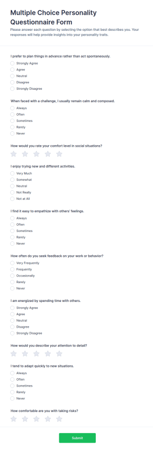 Multiple Choice Personality Questionnaire Form Template