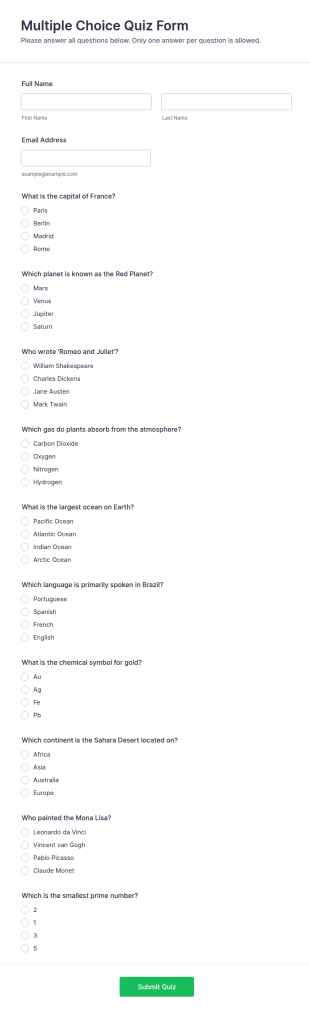 Multiple Choice Quiz Form Template