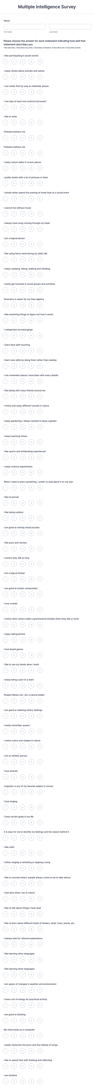 Multiple Intelligence Survey Form Template