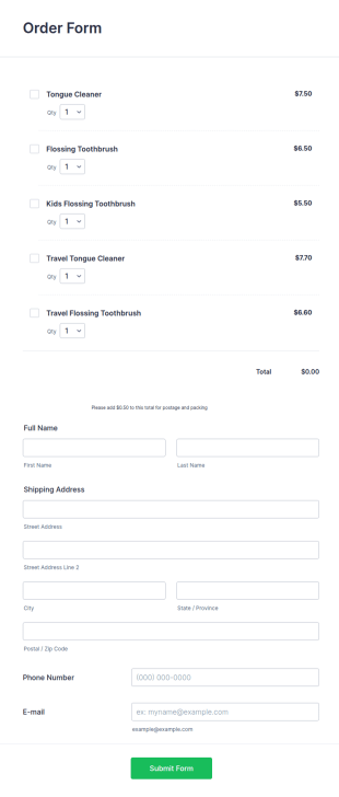 Product Order Form With Multiple Products