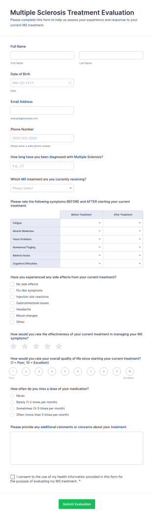 Multiple Sclerosis Treatment Evaluation Form Template