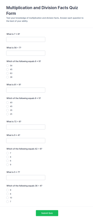 Multiplication And Division Facts Quiz Form Template