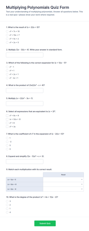 Multiplying Polynomials Quiz Form Template