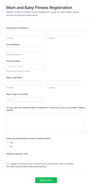 Mum And Baby Fitness Registration Form Template