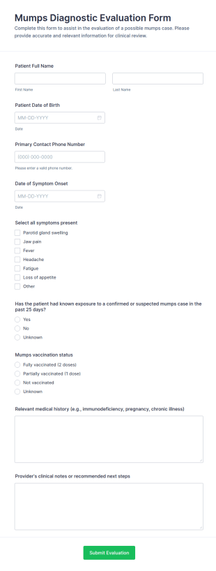 Mumps Diagnostic Evaluation Form Template