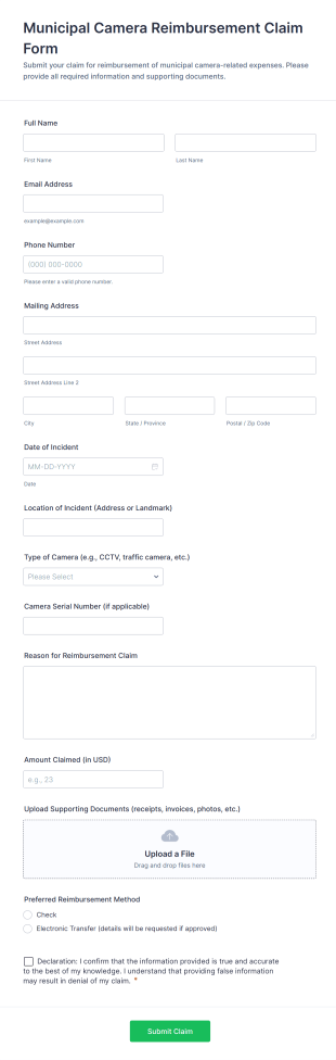 Municipal Camera Reimbursement Claim Form Template