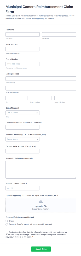 Municipal Camera Reimbursement Claim Form Template