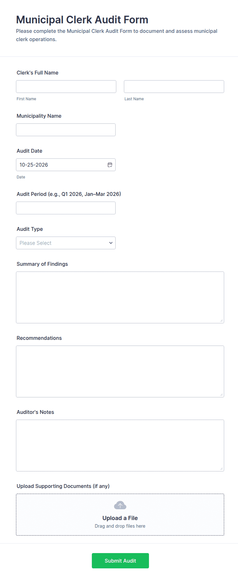 Municipal Clerk Audit Form Template | Jotform