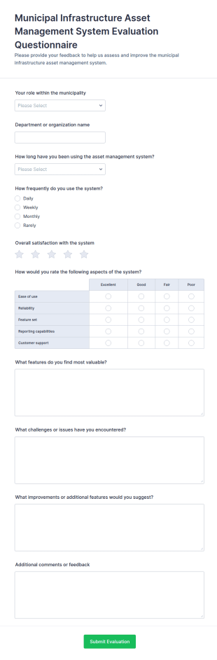 Municipal Infrastructure Asset Management System Evaluation Questionnaire Form Template