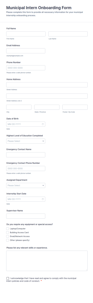 Municipal Intern Onboarding Form Template