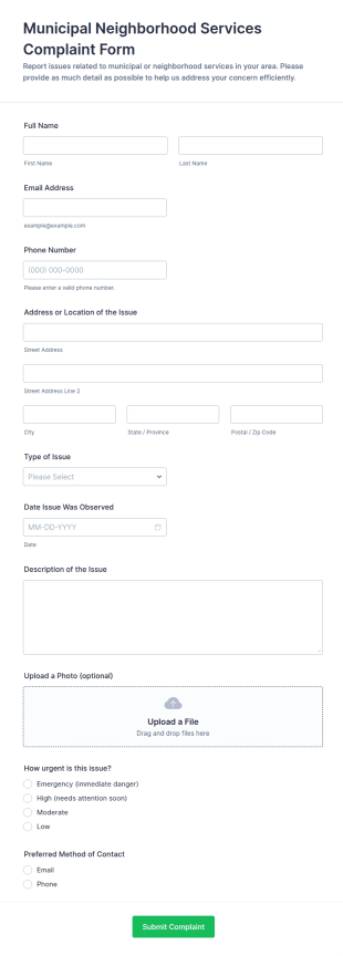 Municipal Neighborhood Services Complaint Form Template