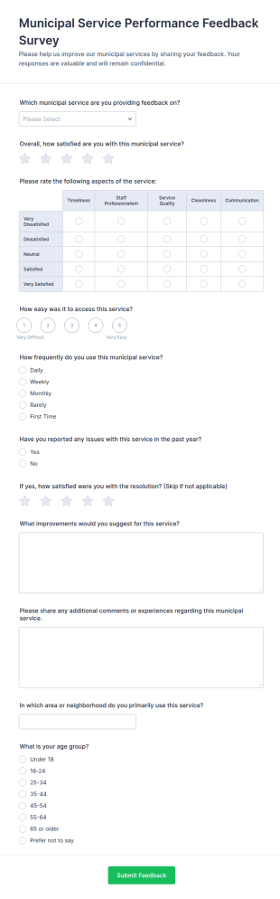 Municipal Service Performance Feedback Survey Form Template