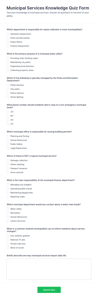 Municipal Services Knowledge Quiz Form Template