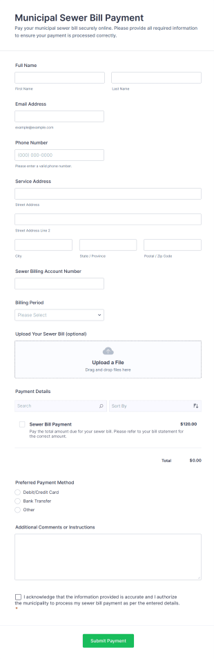 Municipal Sewer Bill Payment Form Template