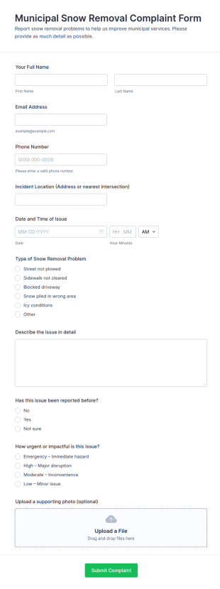 Municipal Snow Removal Complaint Form Template