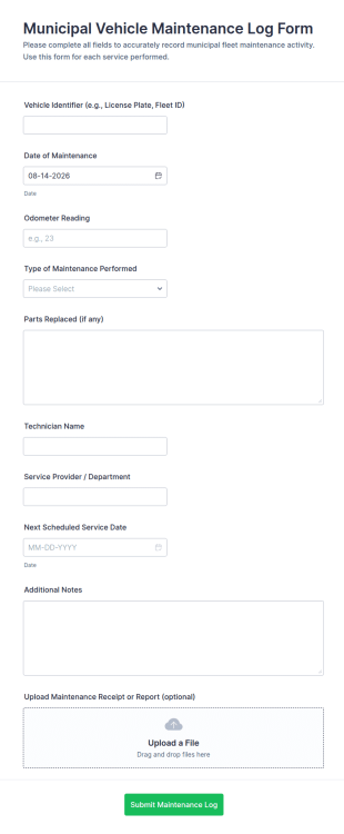 Municipal Vehicle Maintenance Log Form Template